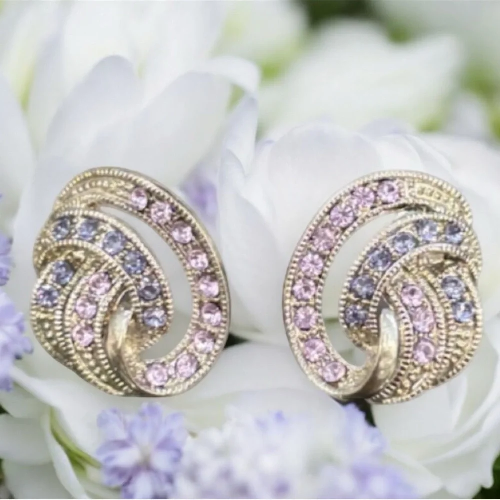 Vintage Earrings Sparkling Pink Purple Crystal Cubic Zirconia Formal Swirl Knot - Picture 1 of 16